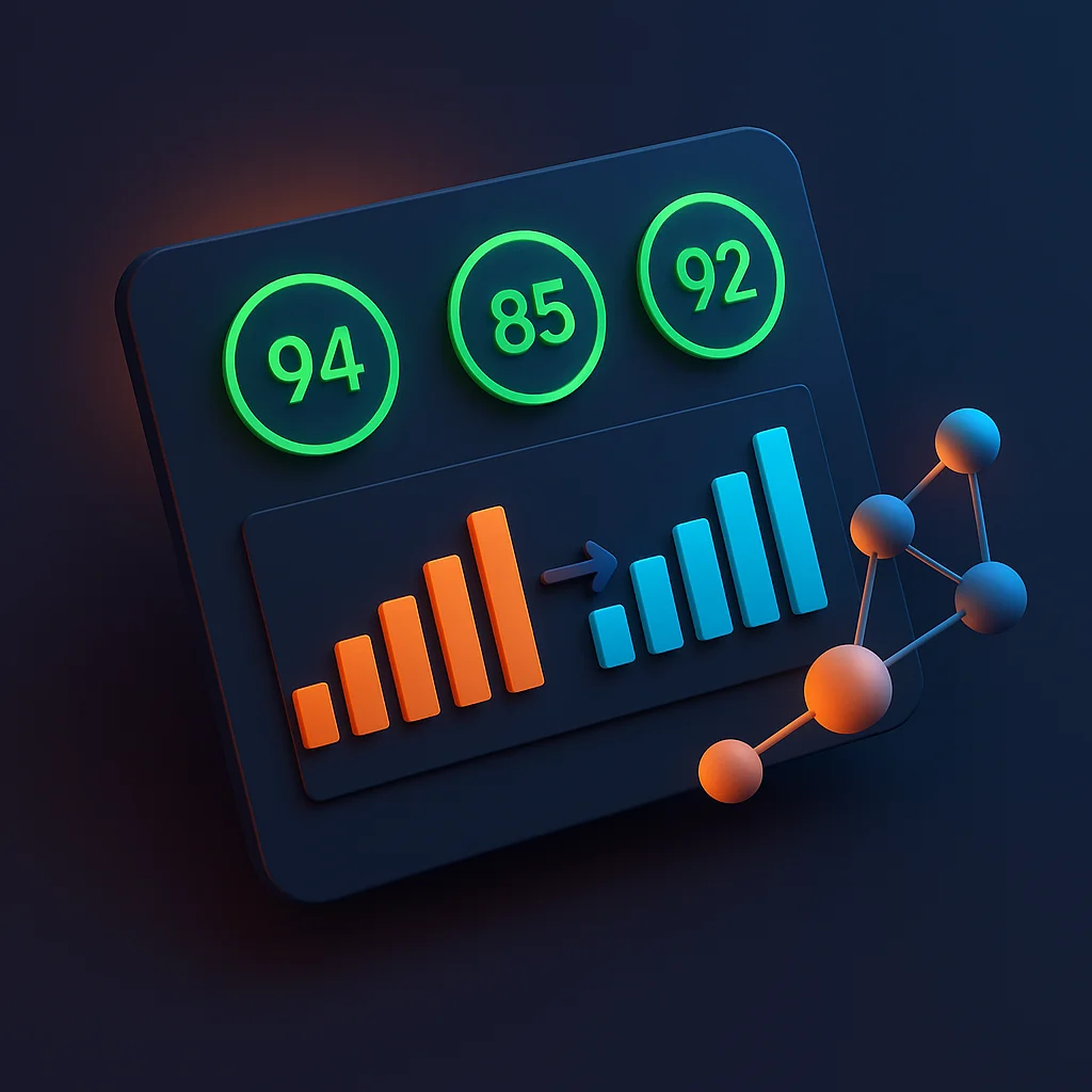 A clean 3D concept image of a dashboard with bright visibility scores and a before/after bar chart, no characters.