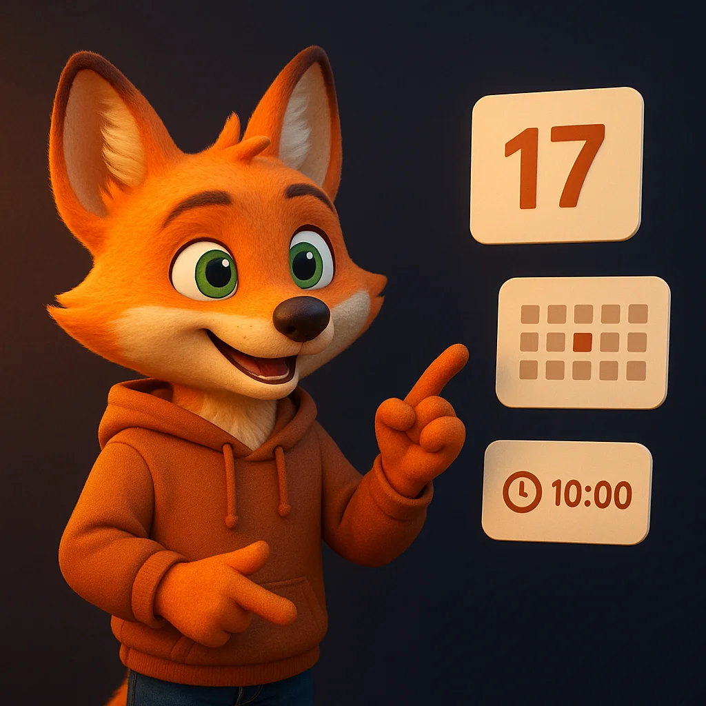 The FoxRadar fox mascot pointing at floating event cards and a calendar timeline, explaining details.