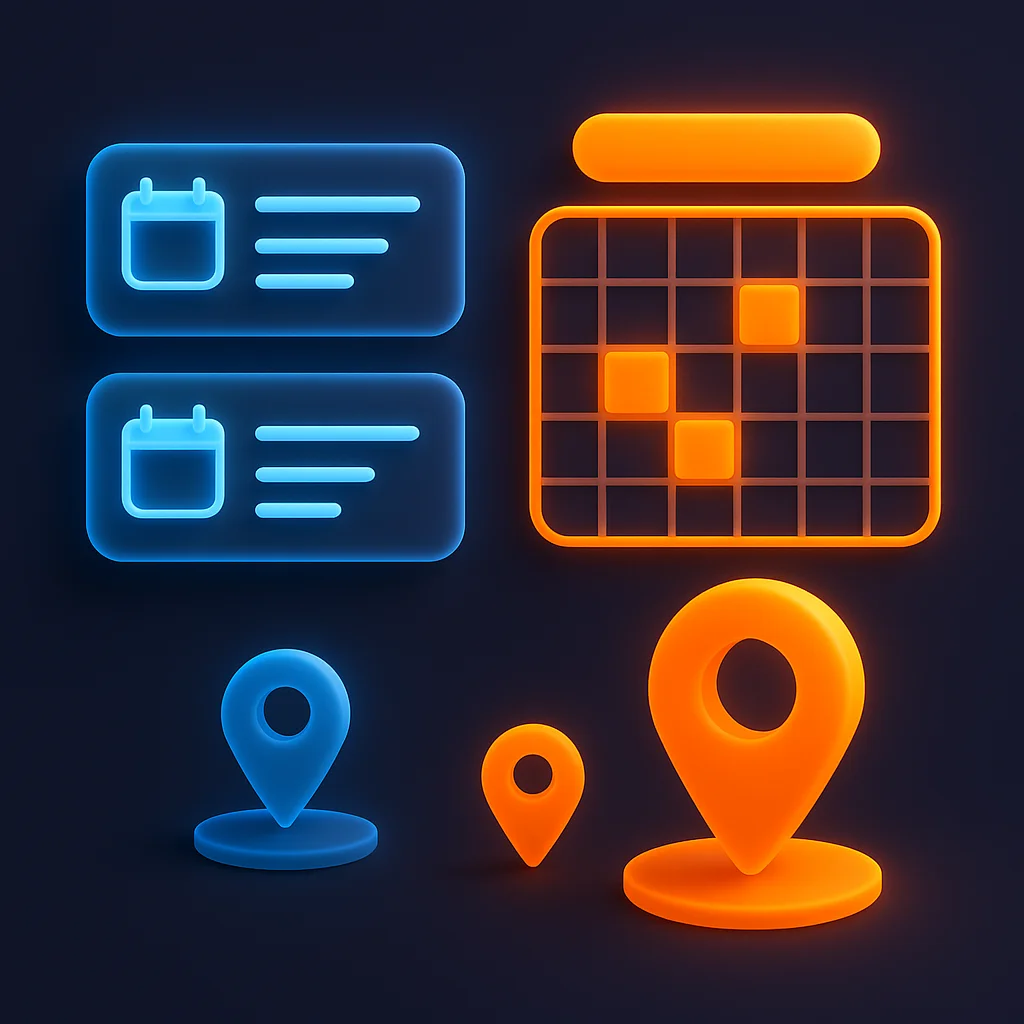 A clean concept illustration showing glowing event cards and a calendar grid on a dark background.