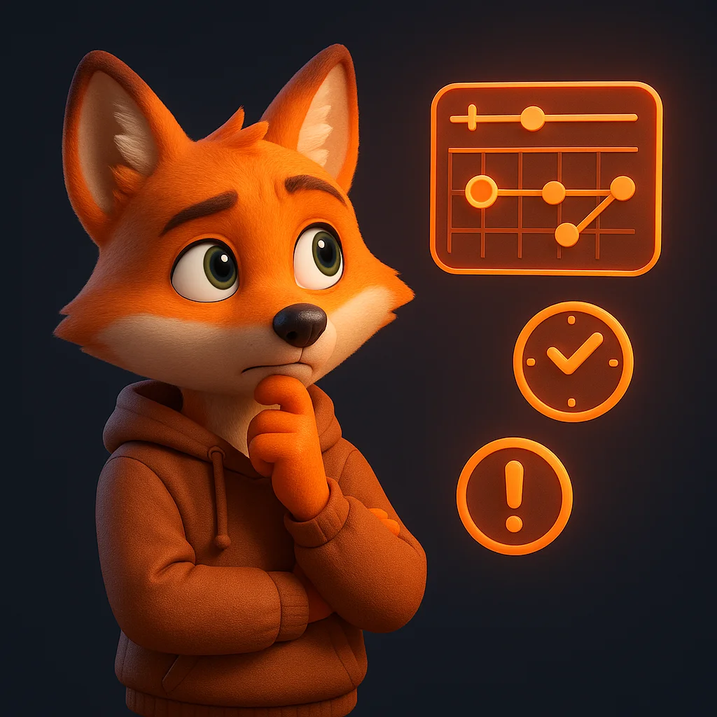 The FoxRadar fox mascot thinking with hand on chin while studying a floating calendar schedule.