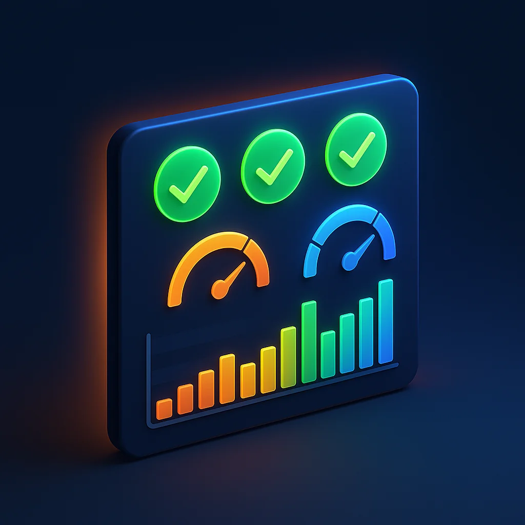 A clean concept illustration of a dashboard with visibility checks and charts on a dark background.
