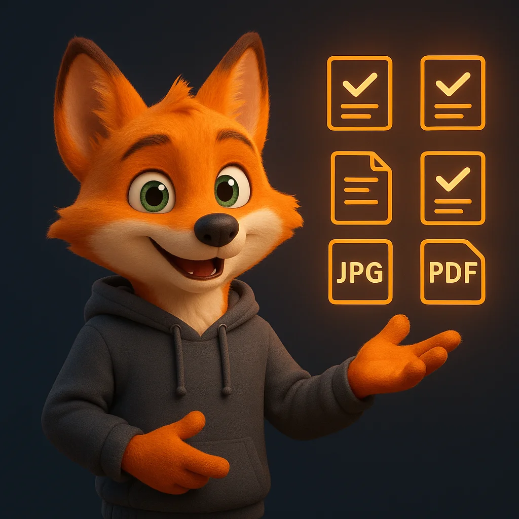 The FoxRadar fox mascot pointing at floating checklist icons and file type symbols, guiding the reader on what to send.