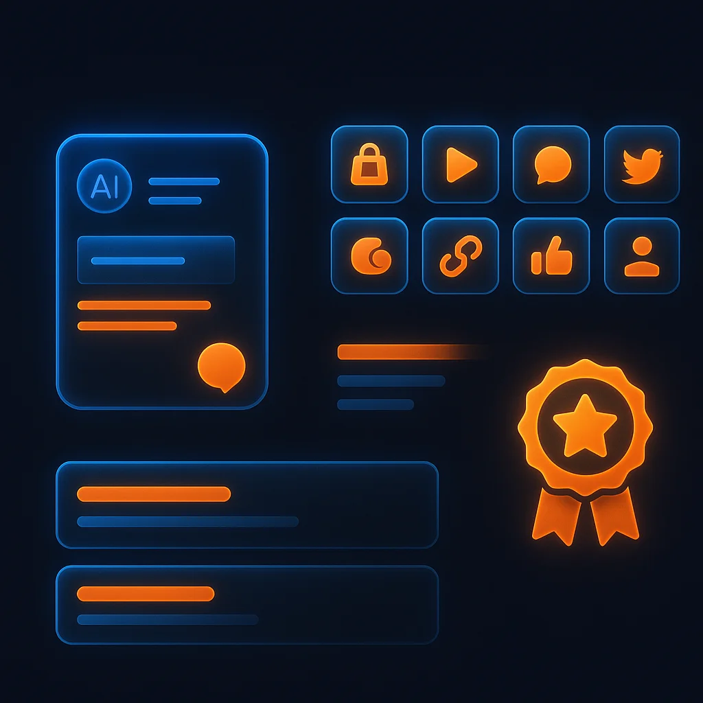 A dark, glowing concept illustration of AI chat cards and file upload tiles with orange and blue highlights, no fox present.