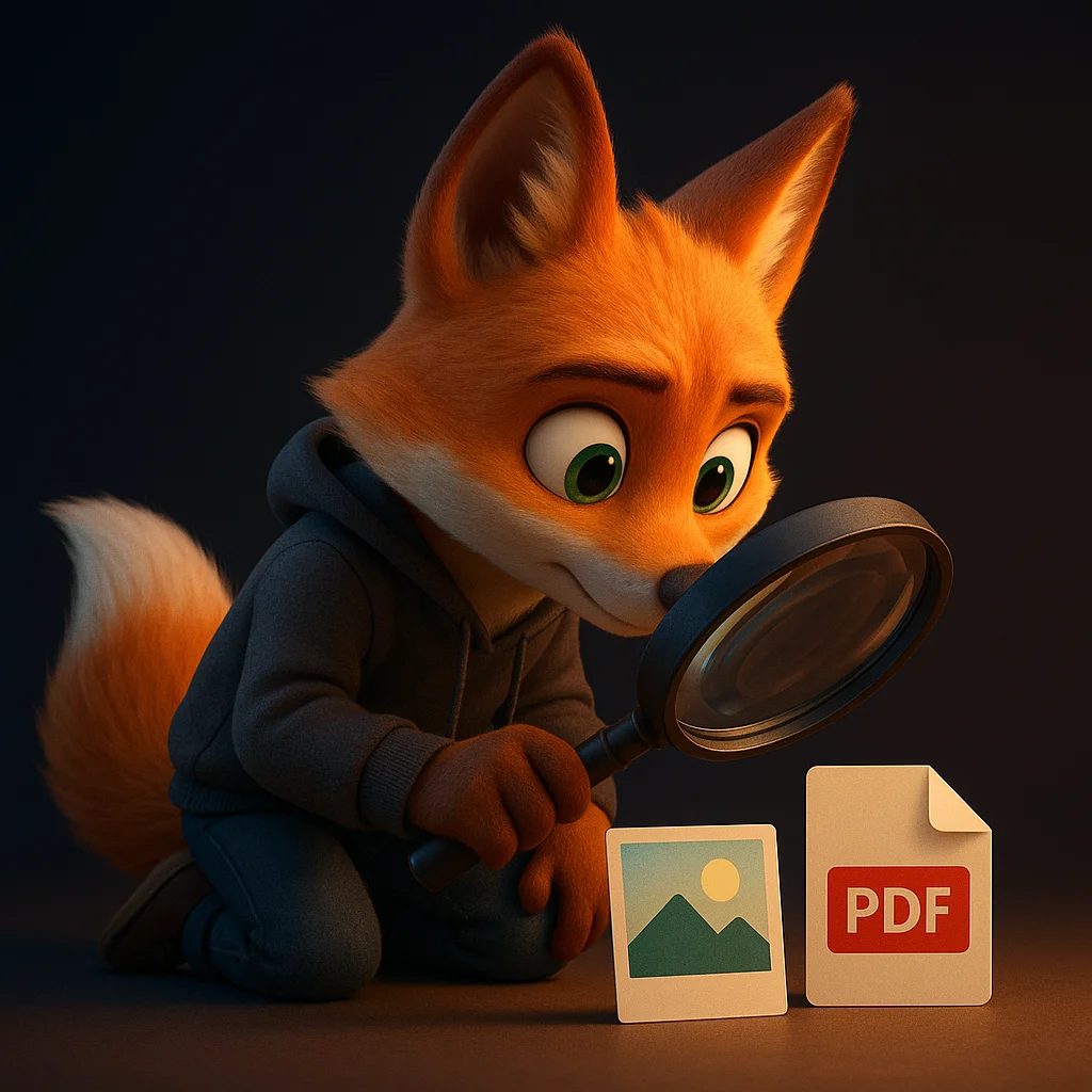 The FoxRadar fox mascot holding a magnifying glass up to a clear photo and a PDF icon, inspecting them closely with a thoughtful look.