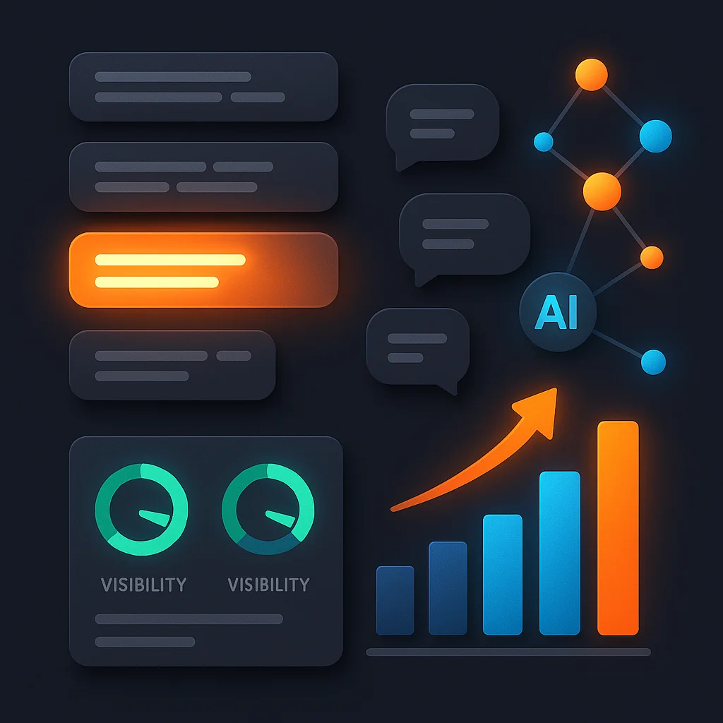 A clean concept illustration of a dashboard with bright visibility scores and a highlighted brand card, no fox present.
