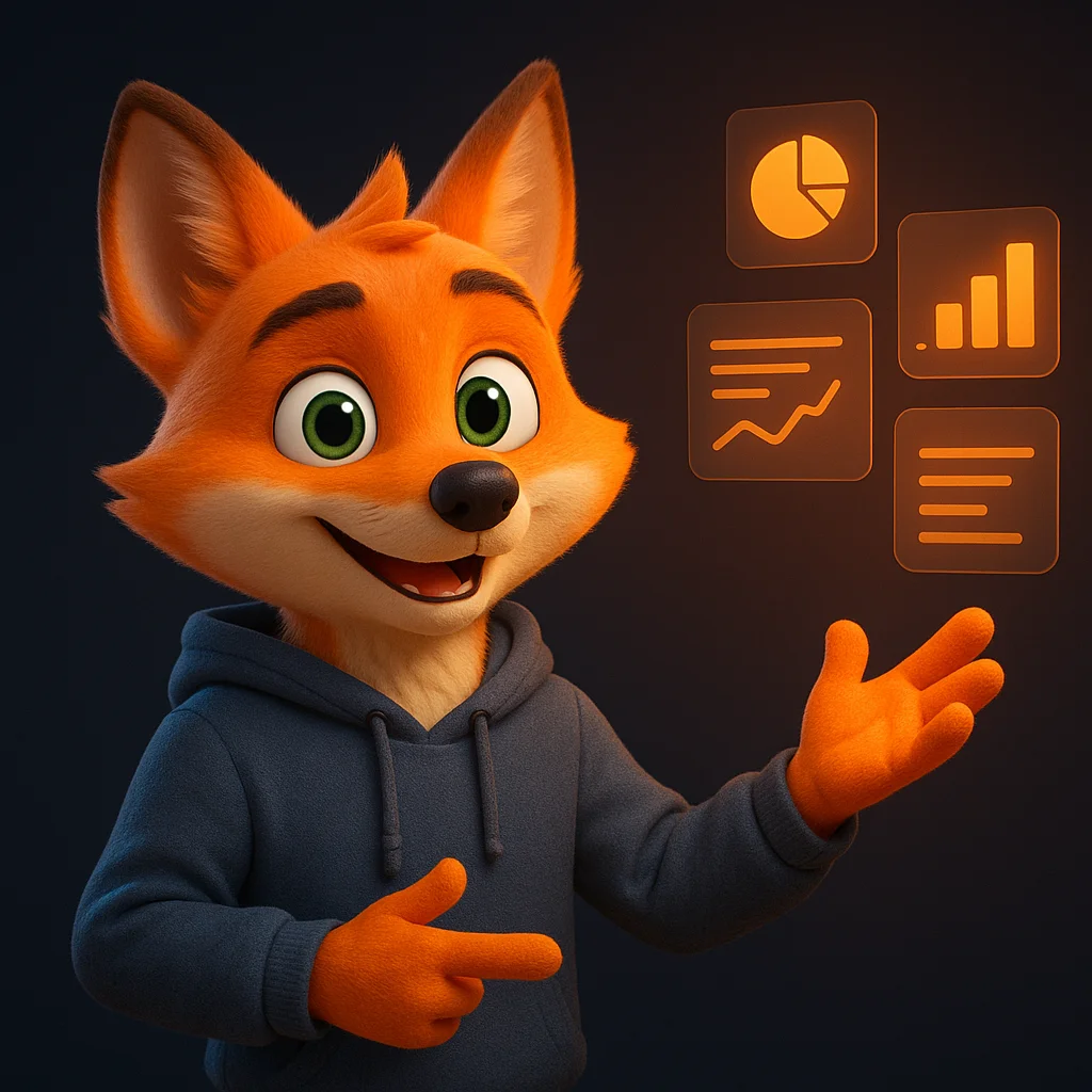 The FoxRadar fox mascot stands and points at floating data cards, explaining why a clear gift cards page matters.