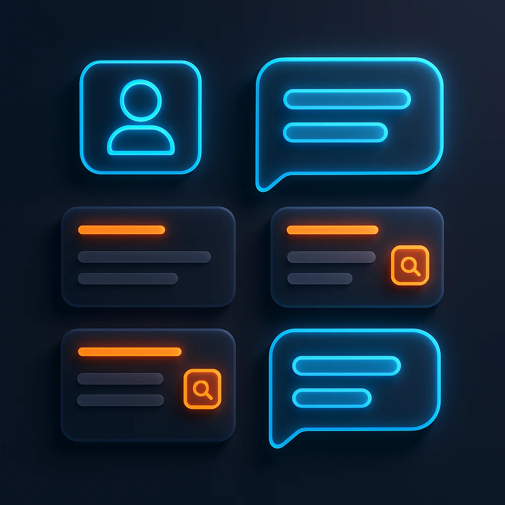 A clean concept illustration of glowing AI chat interface cards showing gift card options on a dark background.