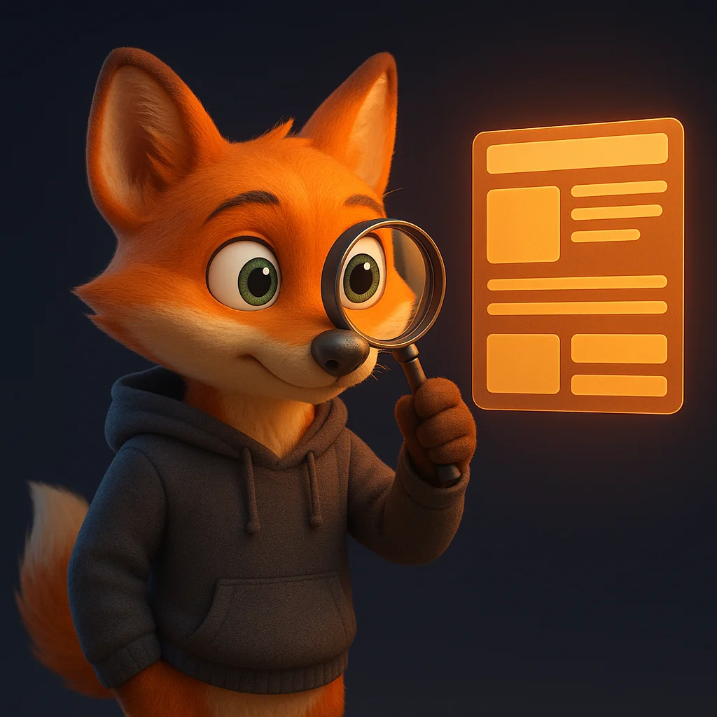 The FoxRadar fox mascot holds a magnifying glass, inspecting a simple web page layout for a gift cards page.