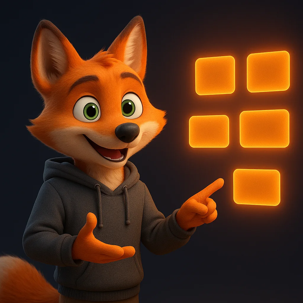 The FoxRadar fox mascot stands and points at floating word cards, guiding the reader through a simple glossary plan.