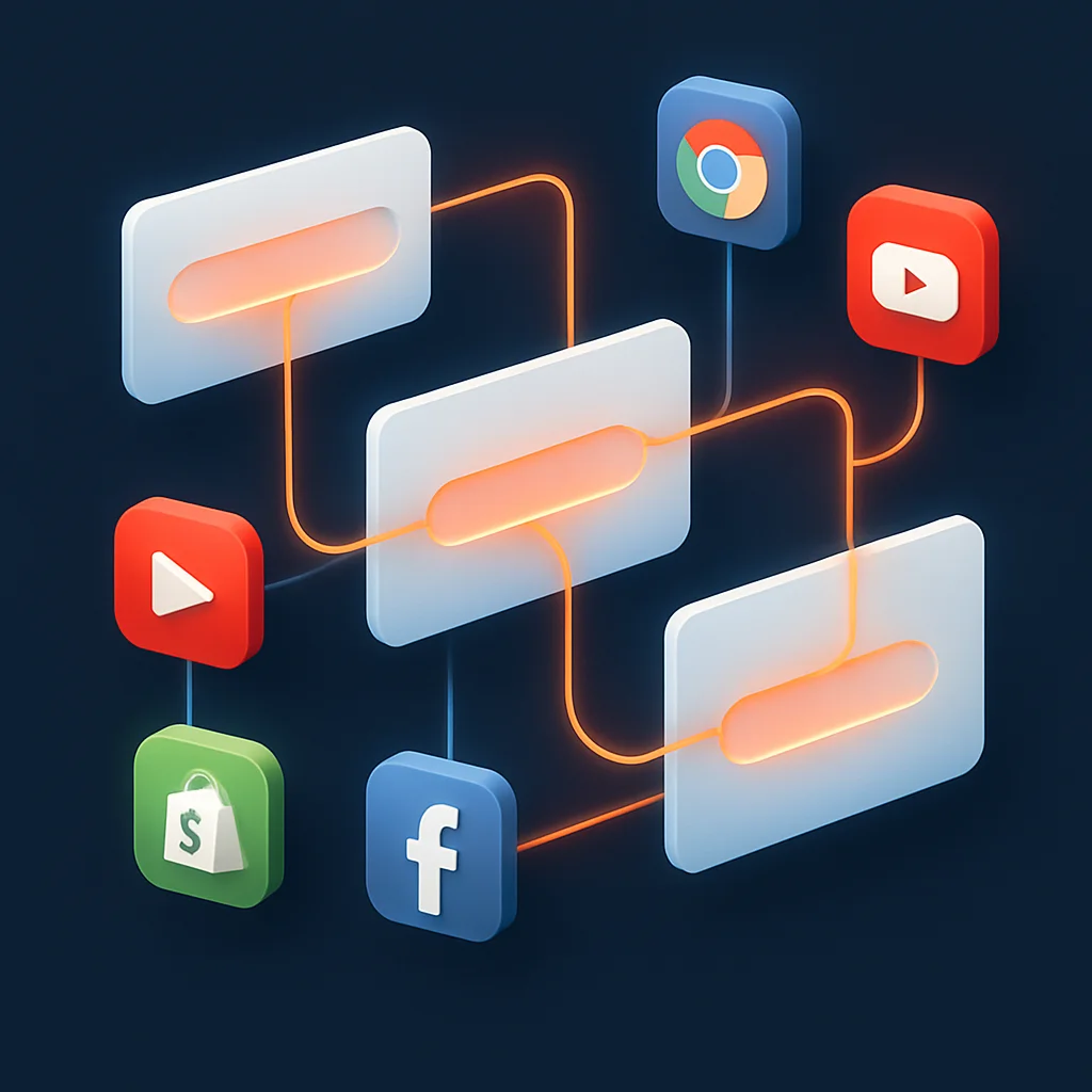 A clean concept illustration of glowing search result cards and brand icons connected by lines on a dark background.