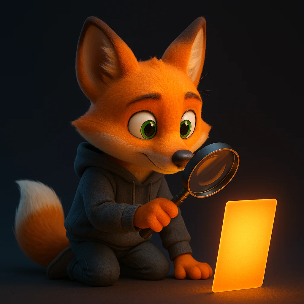 The FoxRadar fox mascot kneels and inspects a glowing glossary card with a magnifying glass.