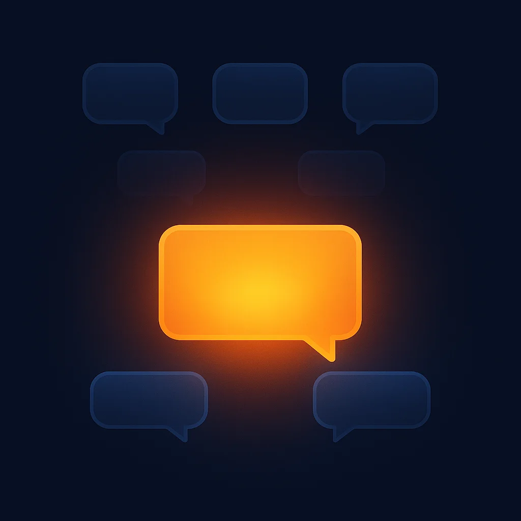 A clean concept illustration of a bright brand name above dim competitor names next to AI chat bubbles.