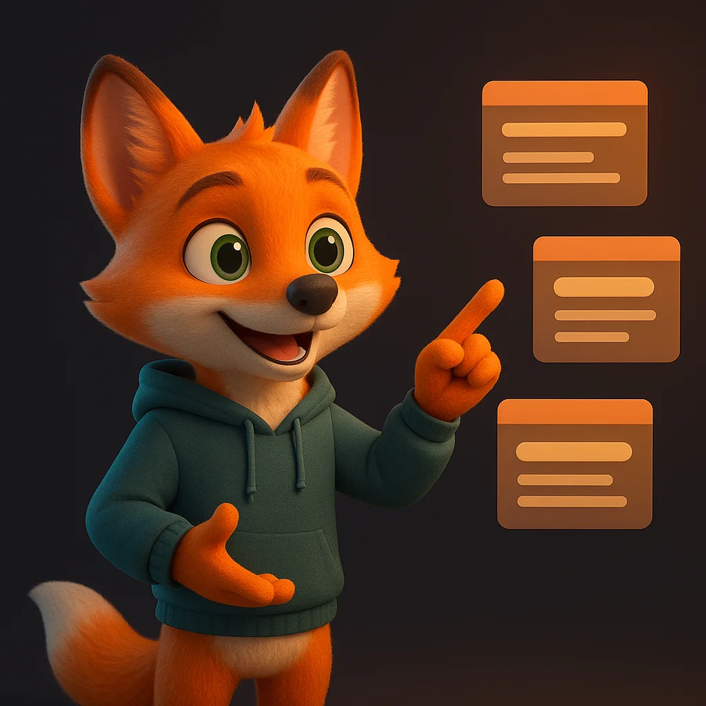 The FoxRadar fox mascot standing and pointing at floating cards that show key terms and simple definitions.