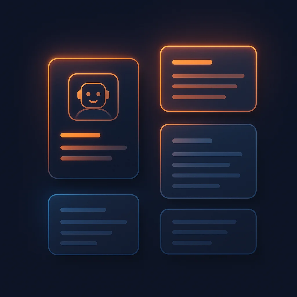 A dark glowing concept illustration of floating AI chat interface cards and glossary definition boxes.