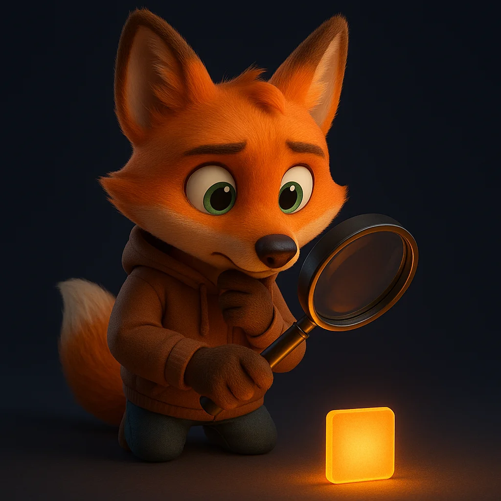 The FoxRadar fox mascot holding a magnifying glass and closely inspecting a glowing term card.
