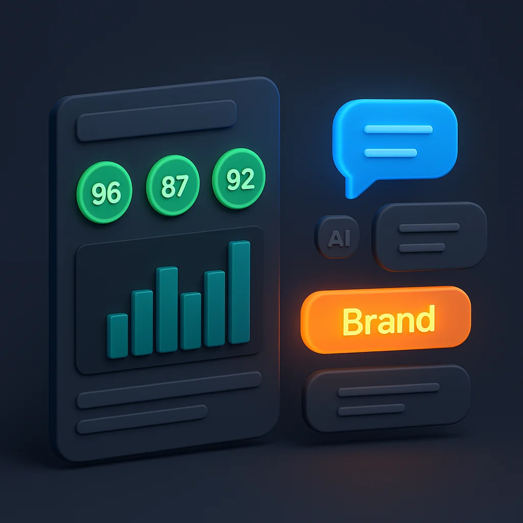 A clean concept illustration of a dashboard with AI visibility scores and one brand name glowing brighter than others.