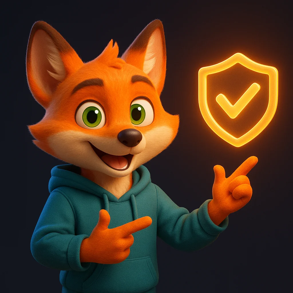 The FoxRadar fox mascot pointing at floating shield and checkmark icons while explaining guarantees.