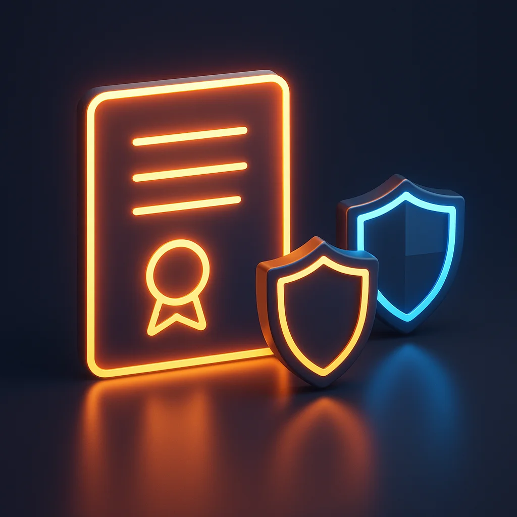 A clean concept illustration of glowing warranty and certificate badges on a dark background, no characters.