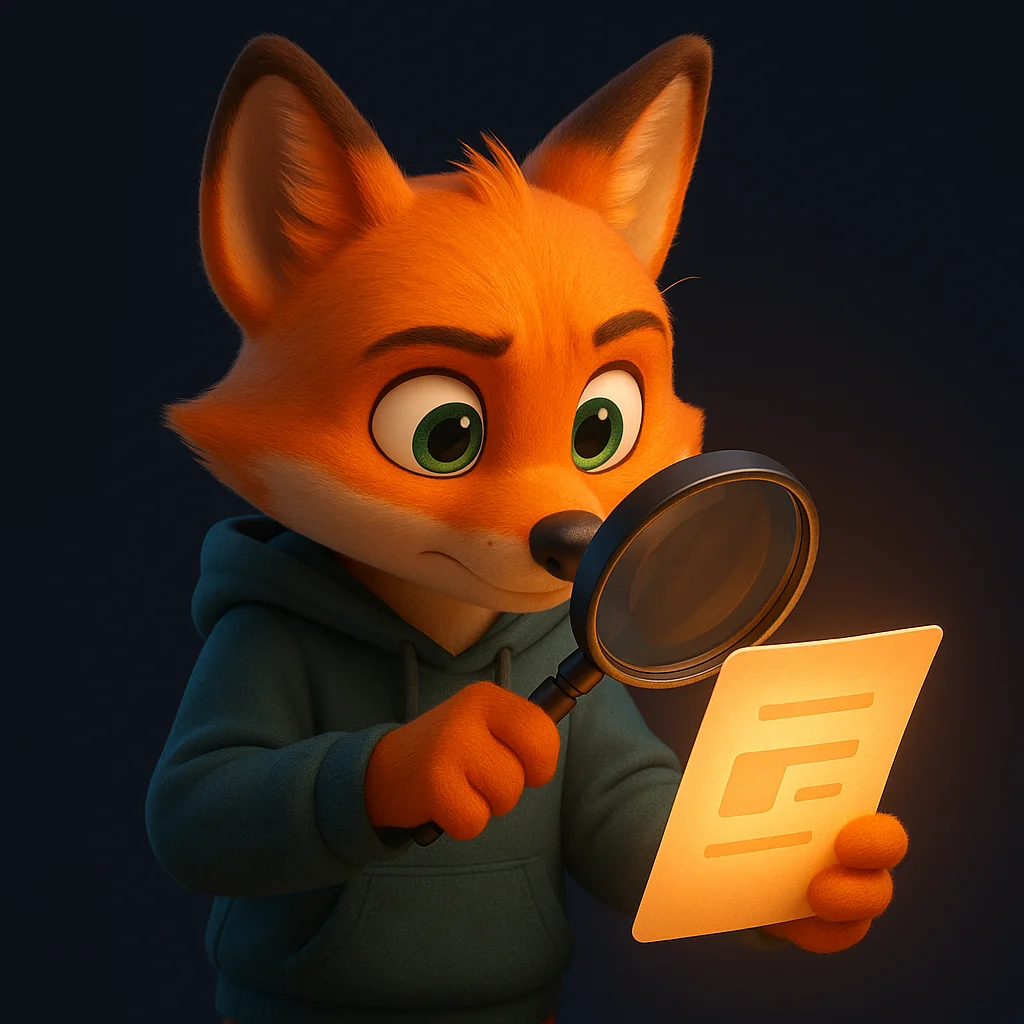 The FoxRadar fox mascot holding a magnifying glass and inspecting a simple warranty document.