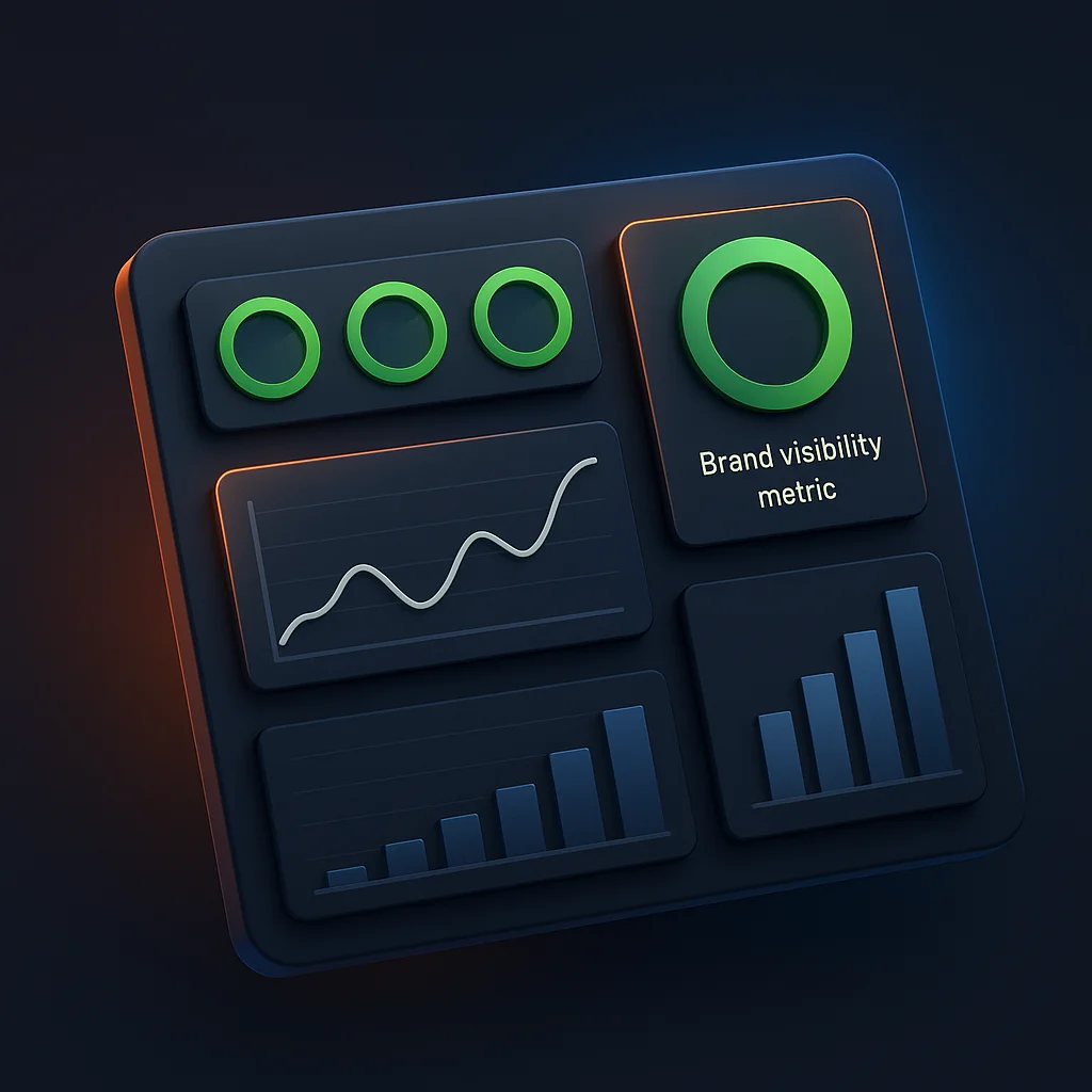 A clean concept illustration of a dashboard with green visibility scores and charts on a dark background, no characters.