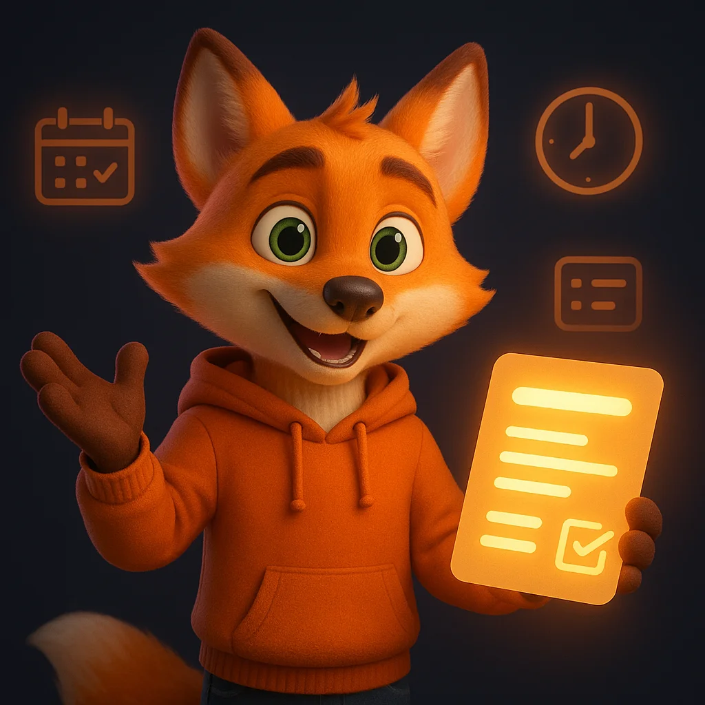 The FoxRadar fox mascot holding a glowing document with a confident smile, pointing at simple schedule data in the air.
