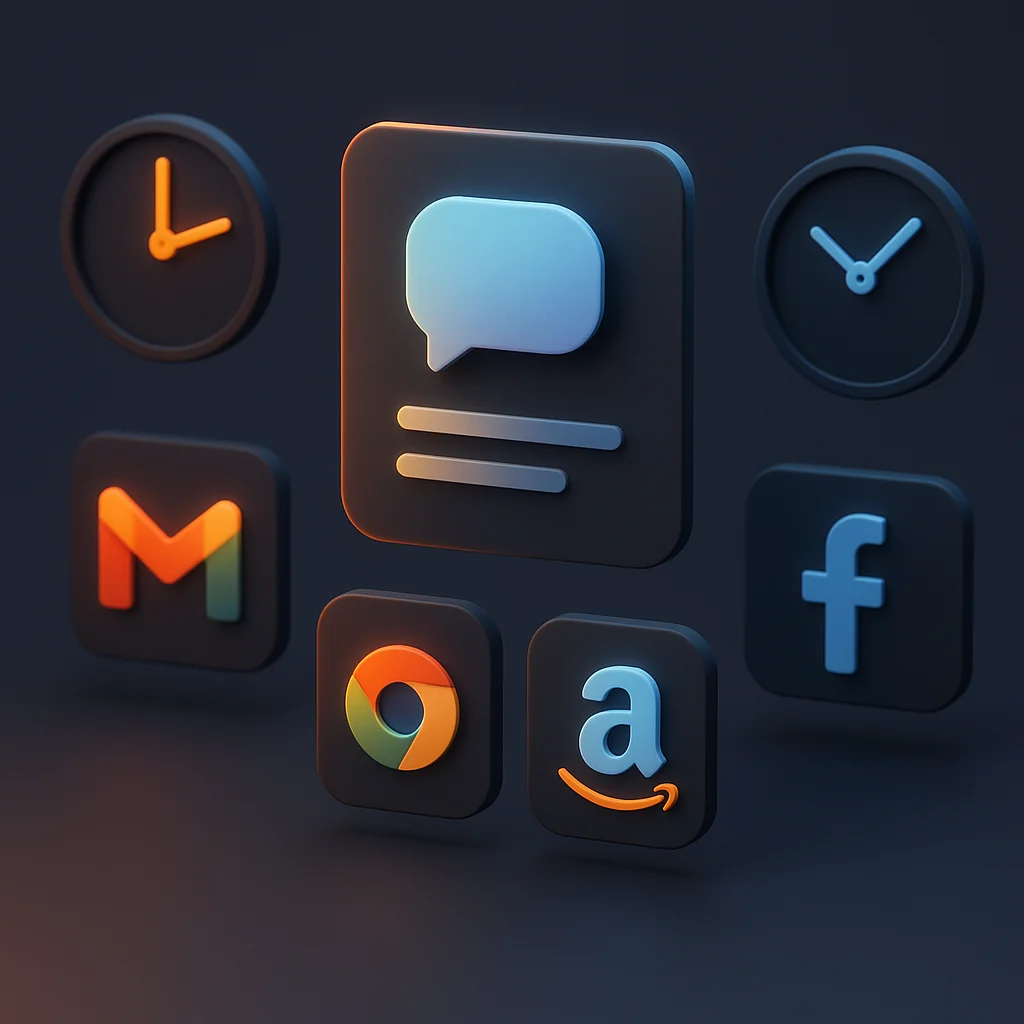 A clean 3D concept illustration of glowing chat interface cards and clocks showing open and closed states, without any text.