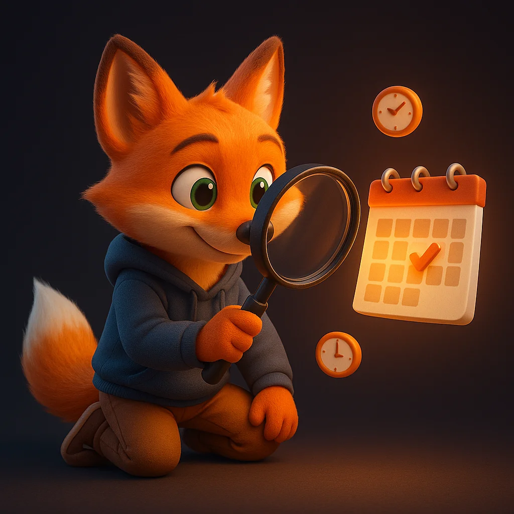 The FoxRadar fox mascot kneeling and inspecting a floating calendar with a magnifying glass, focused and thoughtful.
