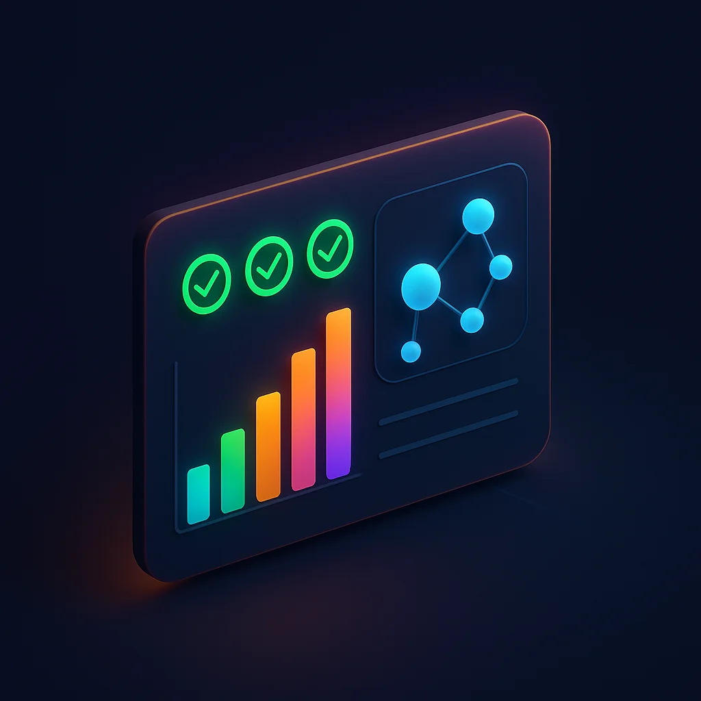 A clean 3D concept illustration of a dashboard with bright visibility indicators and connected nodes, no text.