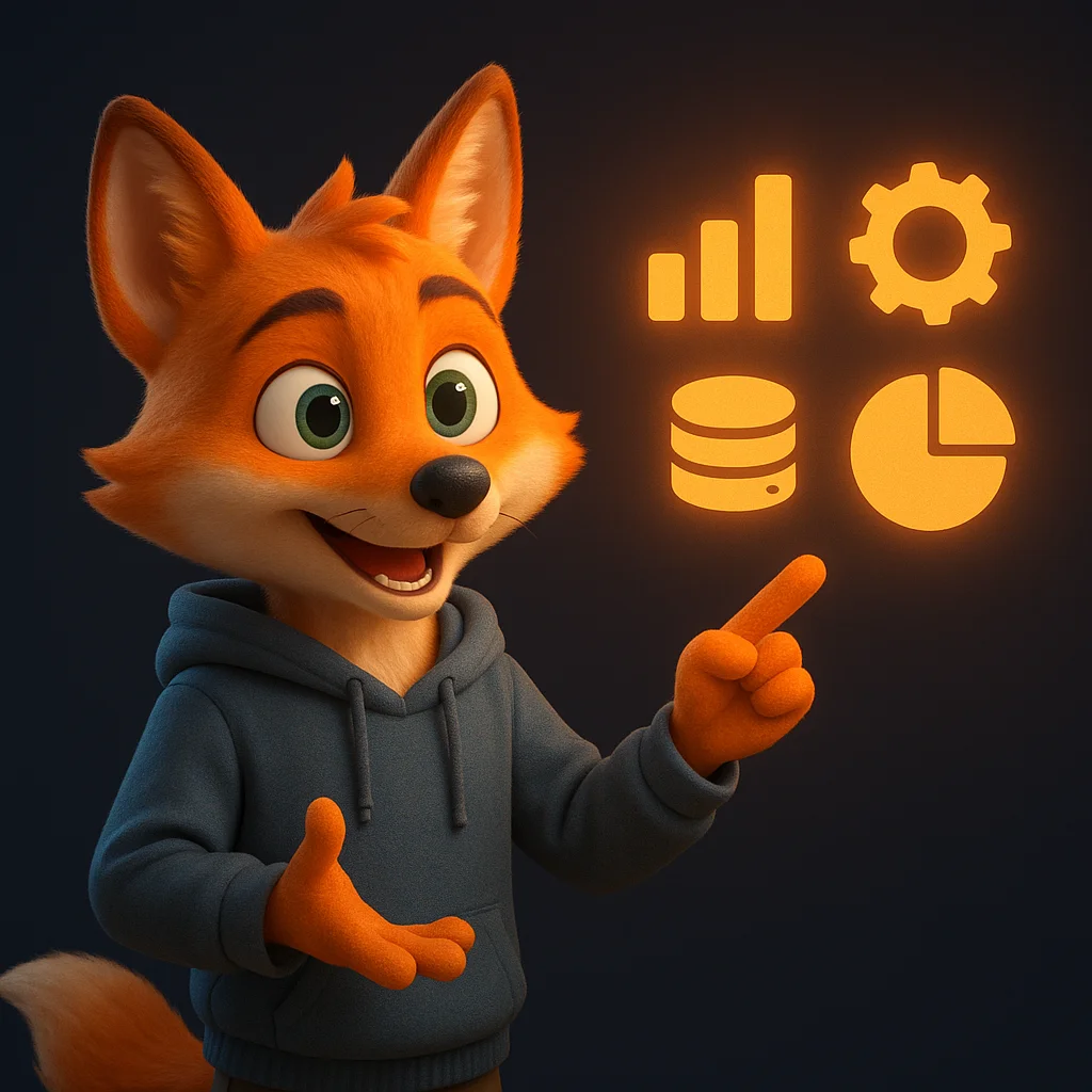 The FoxRadar fox mascot stands and points at floating industry icons and data, explaining the idea clearly.
