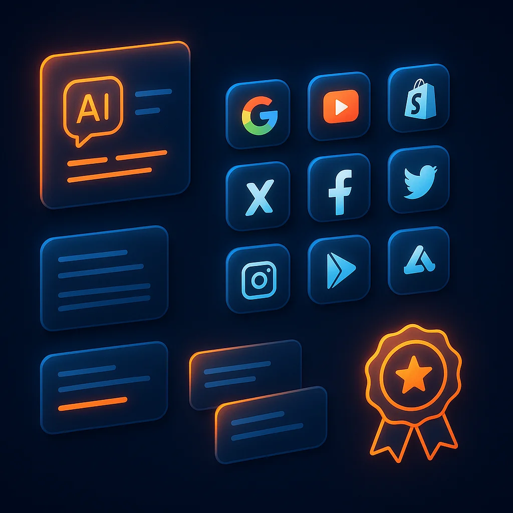 A clean concept illustration shows glowing AI chat cards and floating industry icons arranged in a grid on a dark background.