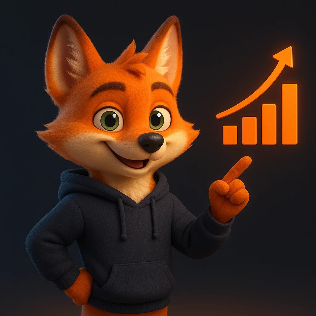The FoxRadar fox mascot points at a rising chart with a confident smile, showing growth from better AI matching.