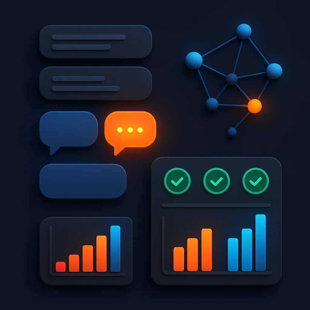 A clean concept illustration shows a dashboard with visibility scores and a before/after bar chart on a dark background.
