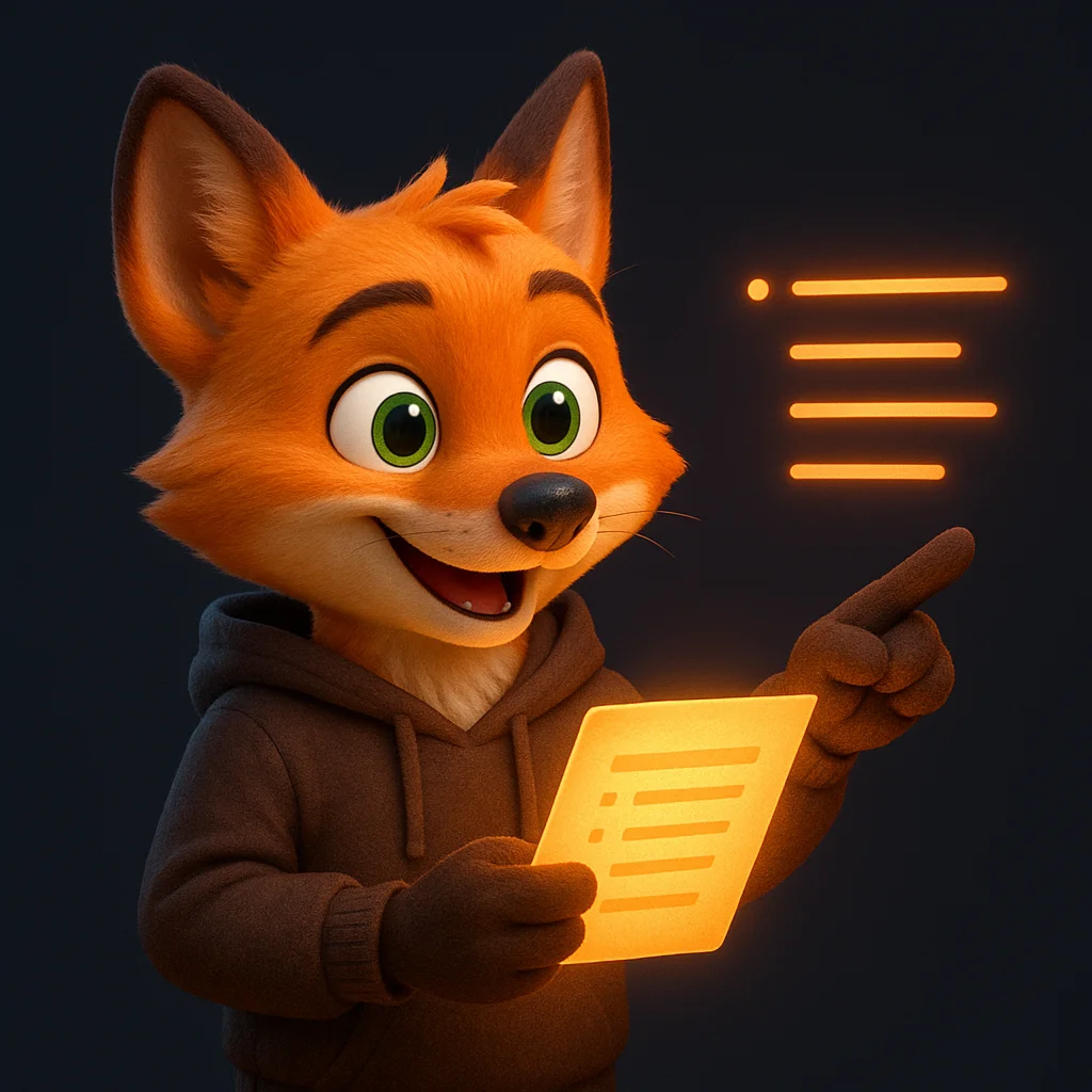 The FoxRadar fox mascot standing and holding a glowing document while pointing to simple ingredient lines.