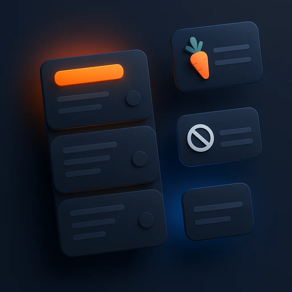 A clean concept illustration showing abstract floating search result cards and interface panels with orange highlights.