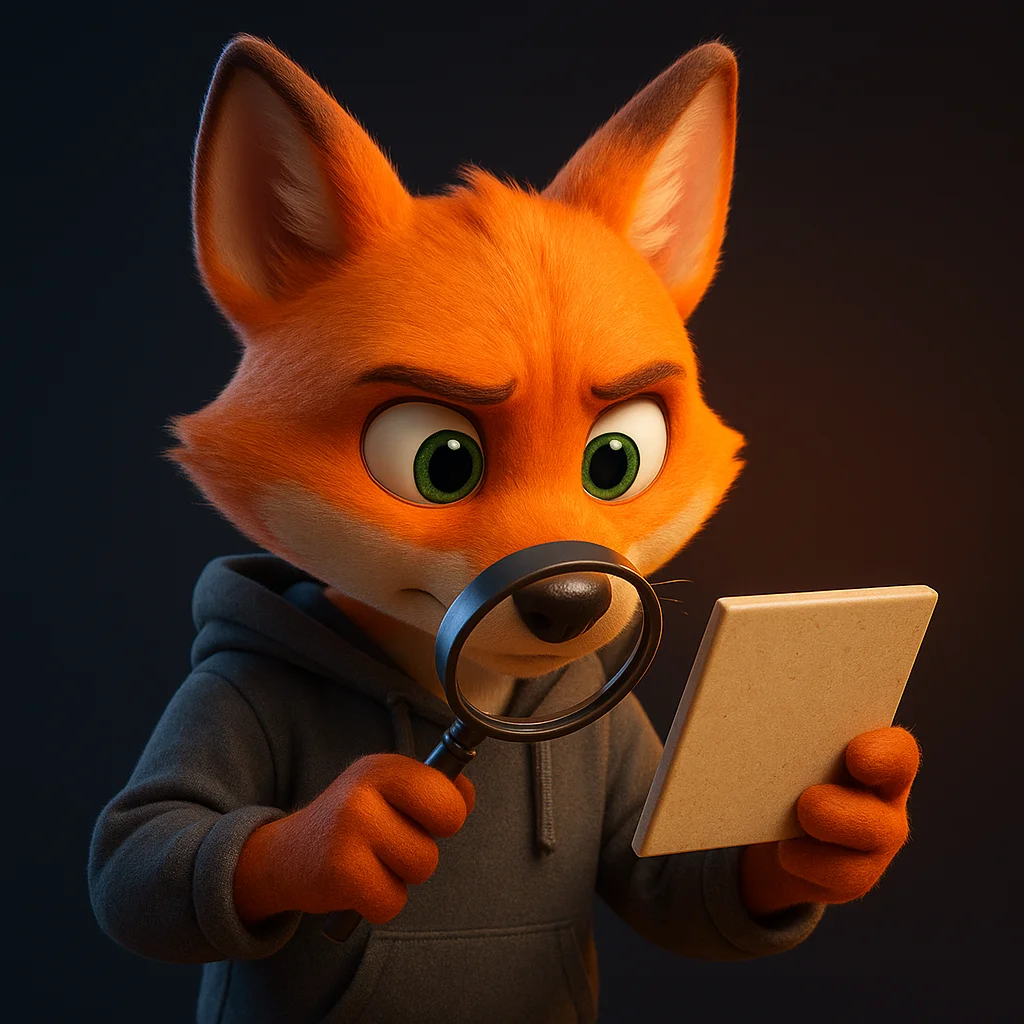 The FoxRadar fox mascot holding a magnifying glass and inspecting a product card closely.