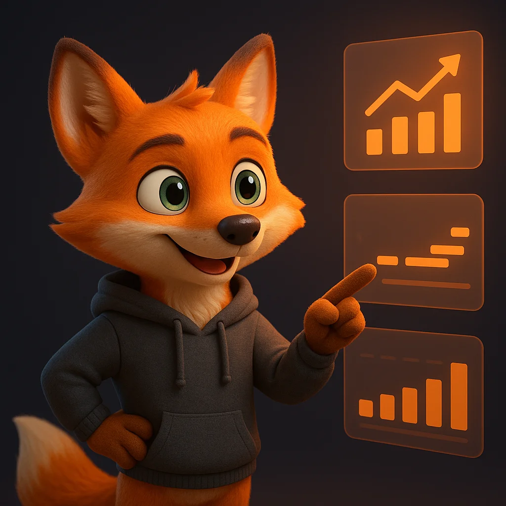 The FoxRadar fox mascot stands and points at floating availability icons and simple data blocks, explaining clearly.