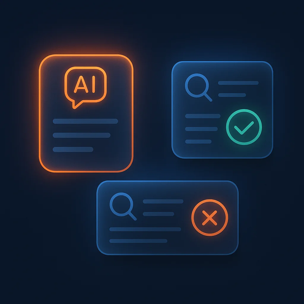 A clean 3D concept illustration of glowing product and service cards showing stock and lead time states on a dark background, no fox.