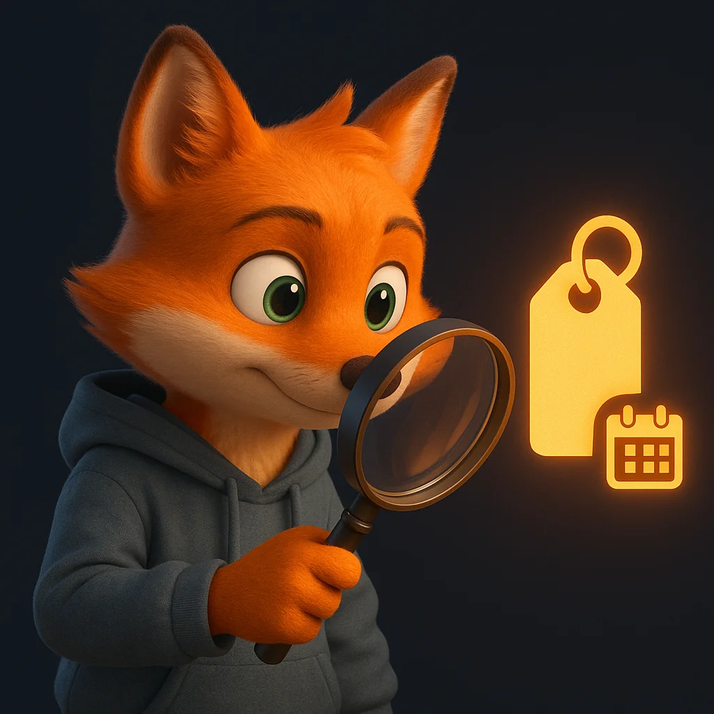 The FoxRadar fox mascot holds a large magnifying glass and inspects a glowing product tag and small calendar, focused and confident.