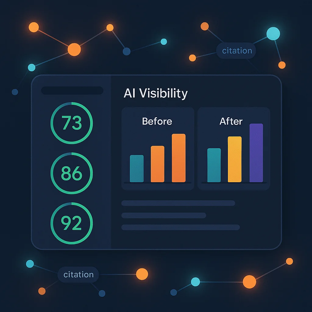 A clean 3D concept illustration of a dashboard with bright visibility gauges and before/after bars on a dark background, no fox.