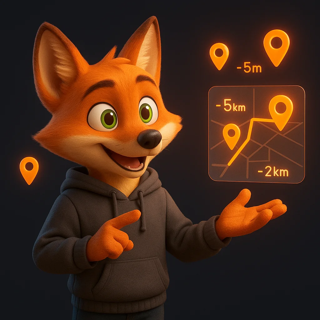 The FoxRadar fox mascot stands and points at floating map pins and distance markers, explaining nearby landmarks.
