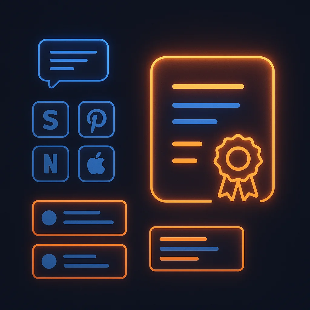 A clean concept illustration of glowing search result cards and map pins on a dark background, no fox.