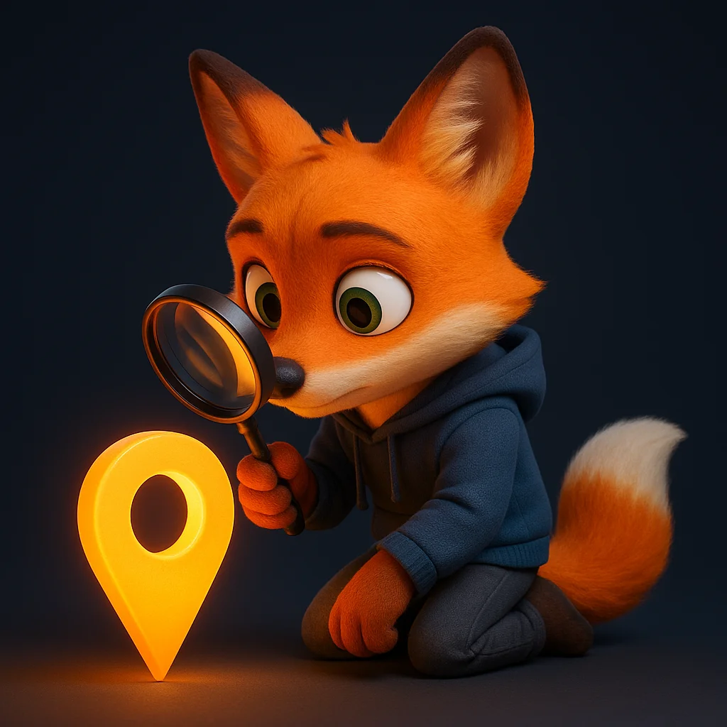 The FoxRadar fox mascot kneels and inspects a glowing map pin with a magnifying glass, focused and curious.