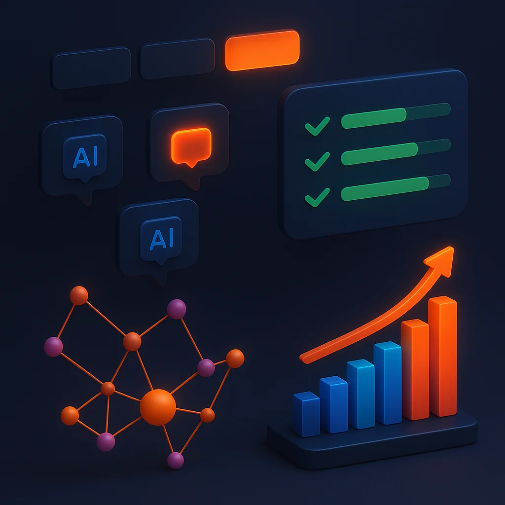 A clean concept illustration of a brand name glowing brighter than competitors above AI chat bubbles, showing stronger visibility.