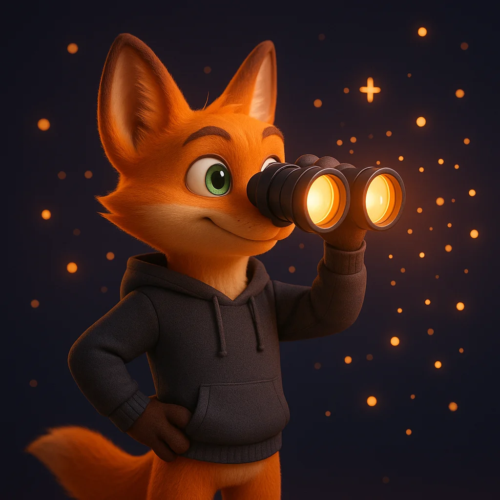 The FoxRadar fox mascot looking through glowing binoculars, focused and alert.