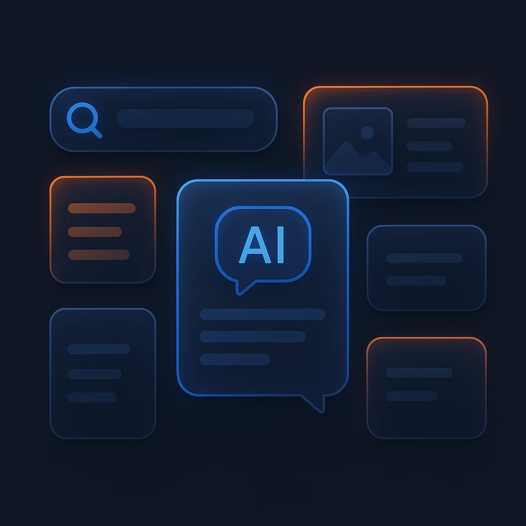 A clean concept illustration of floating chat interface cards and search result tiles glowing on a dark background, without any text.