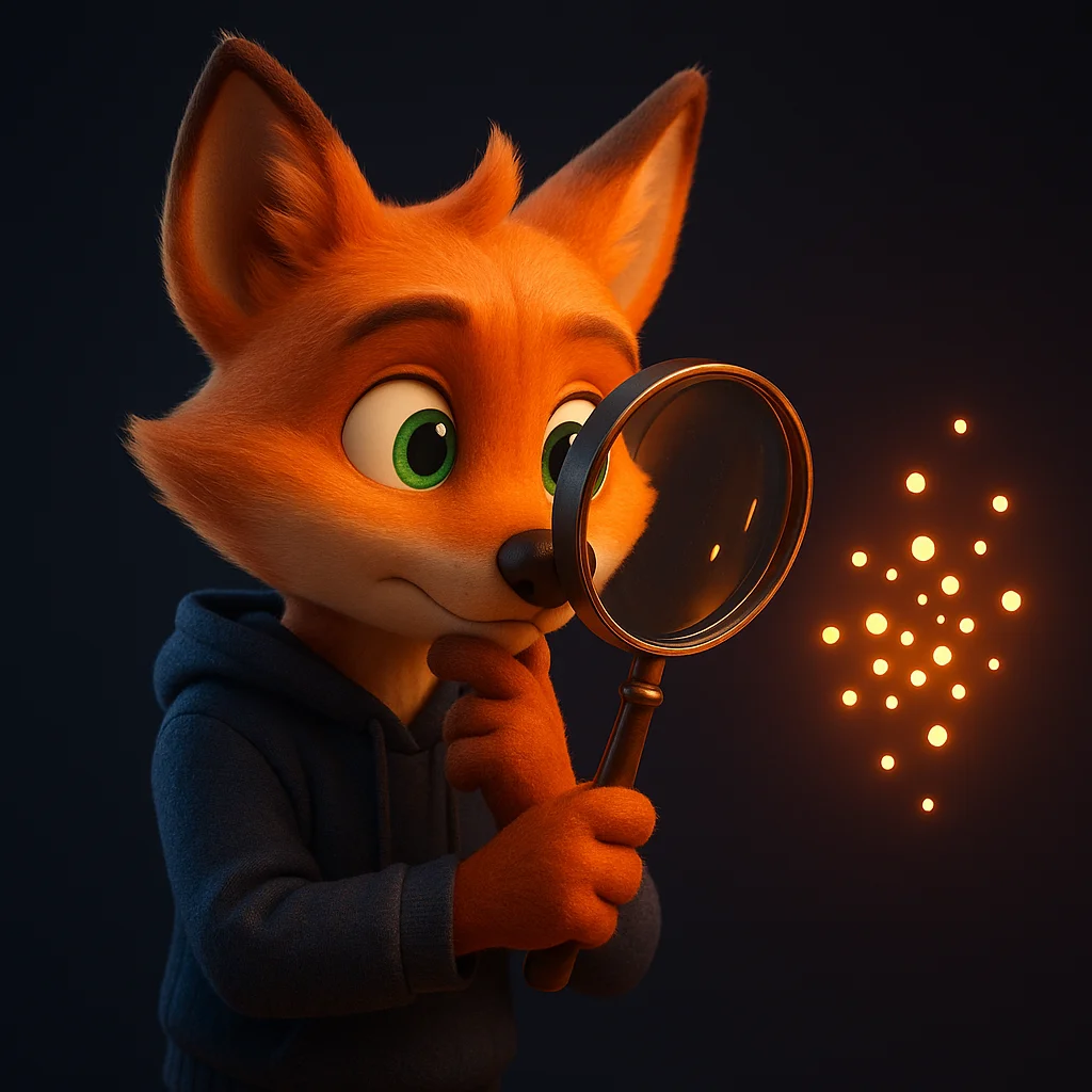 The FoxRadar fox mascot holding a large magnifying glass and inspecting a glowing cluster of dots.