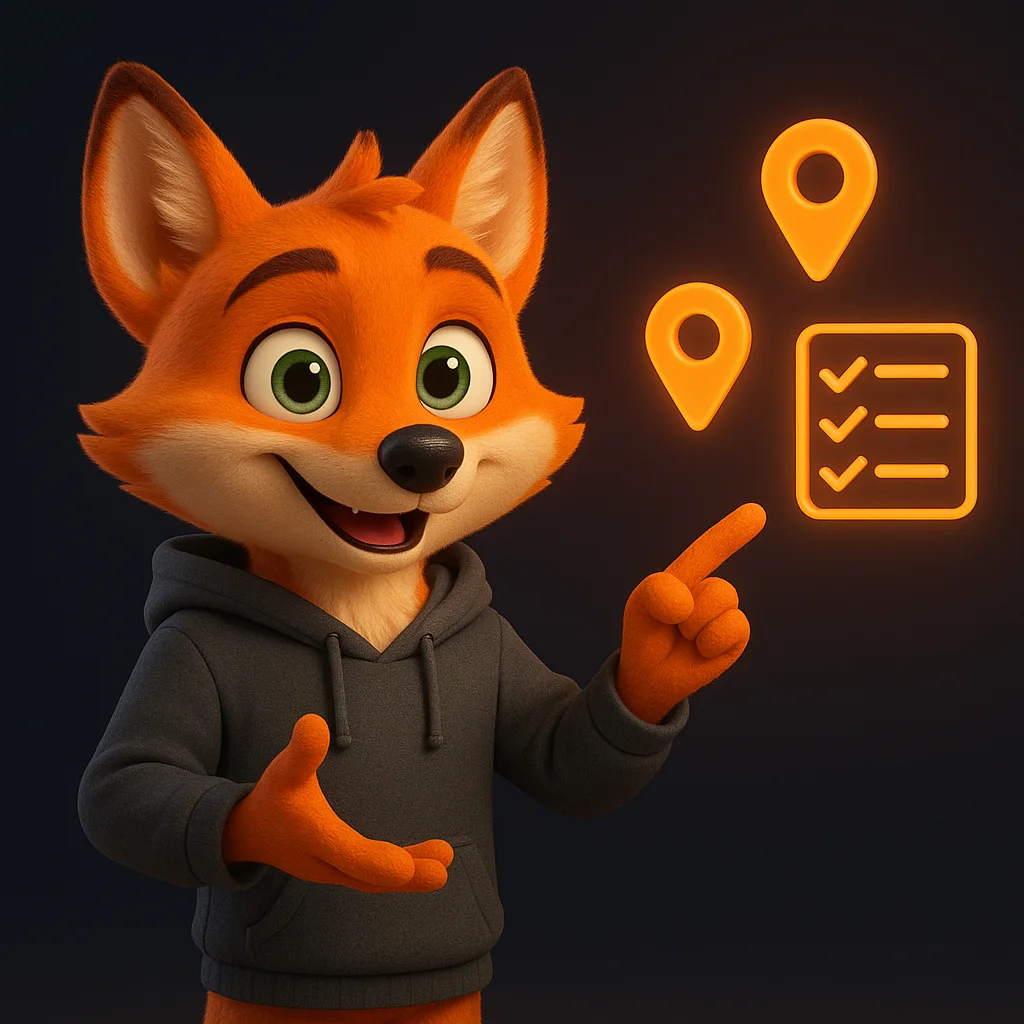 The FoxRadar fox mascot pointing at floating map pins and checklists, explaining a simple local guide plan.