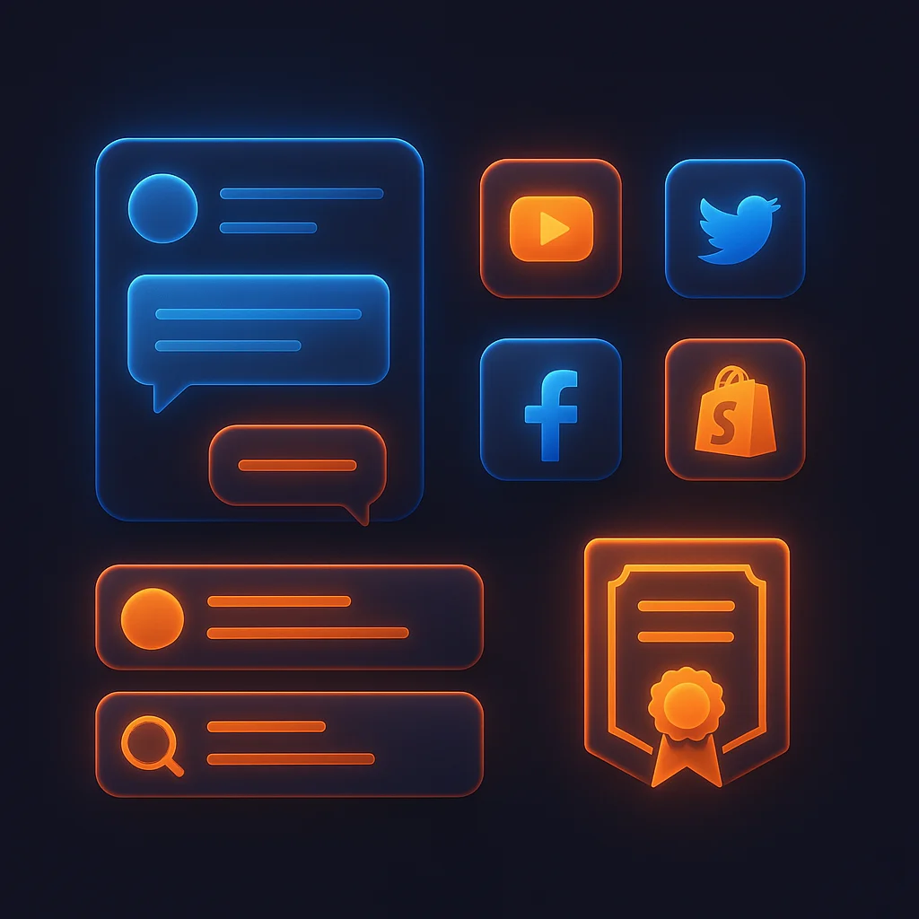 A clean 3D concept illustration of glowing search result cards and city-related icons on a dark background, without the fox.