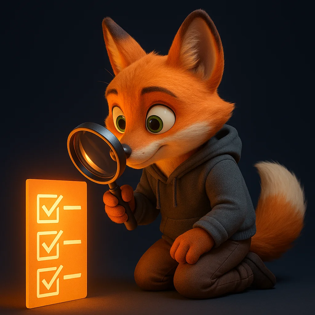 The FoxRadar fox mascot kneeling and inspecting a glowing checklist with a magnifying glass, showing careful updates.