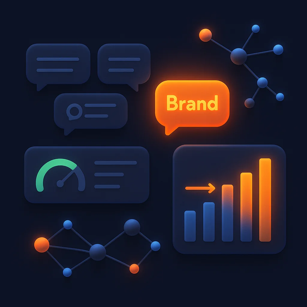 A clean 3D concept illustration of a dashboard with rising visibility bars and a highlighted brand card, without the fox.